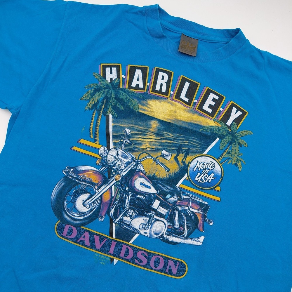 Vtg 90s Harley Davidson L 3D Emblem T Shirt Motorcycle Bikercore Blue Single S